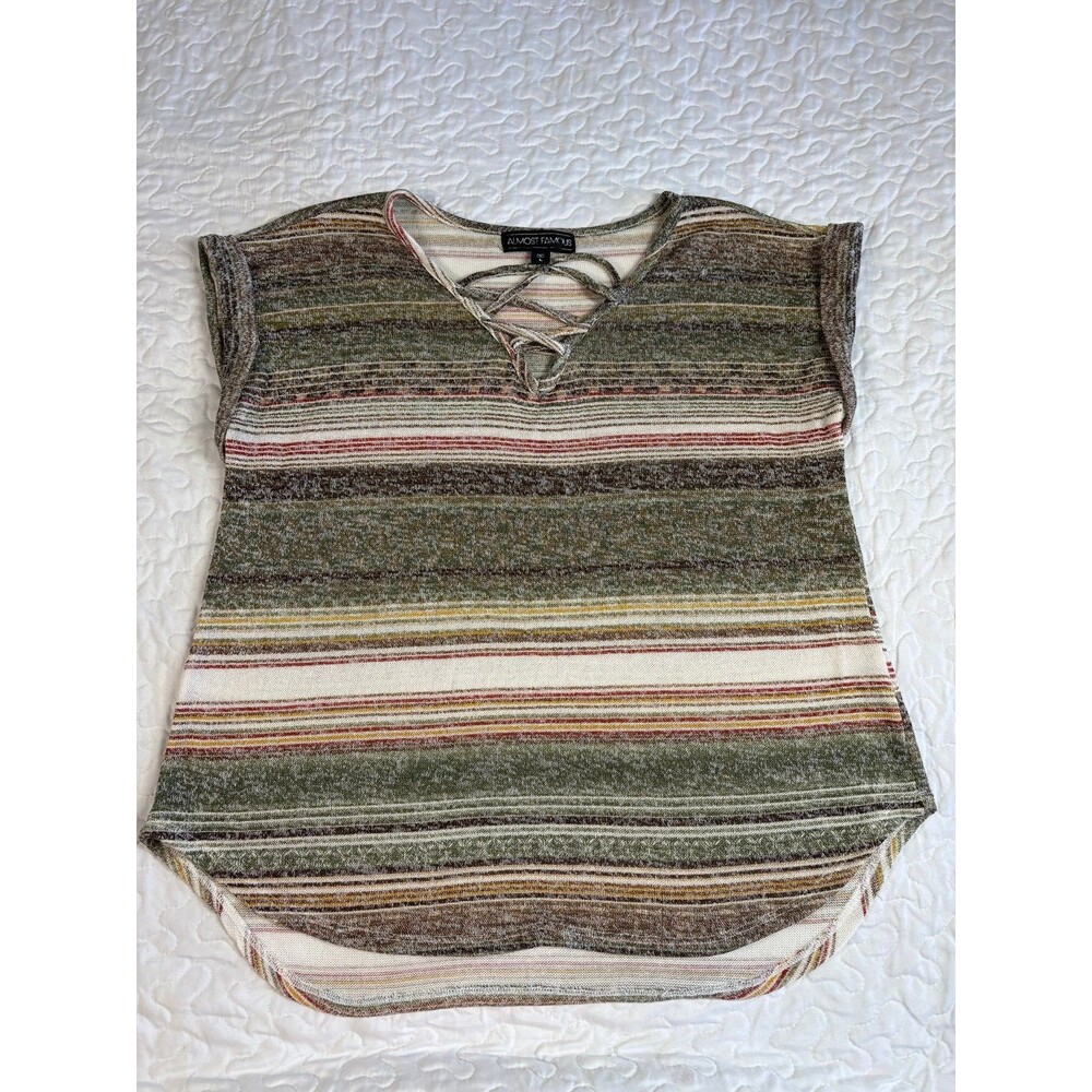 Almost Famous Green Beige Striped Vneck Blouse size large